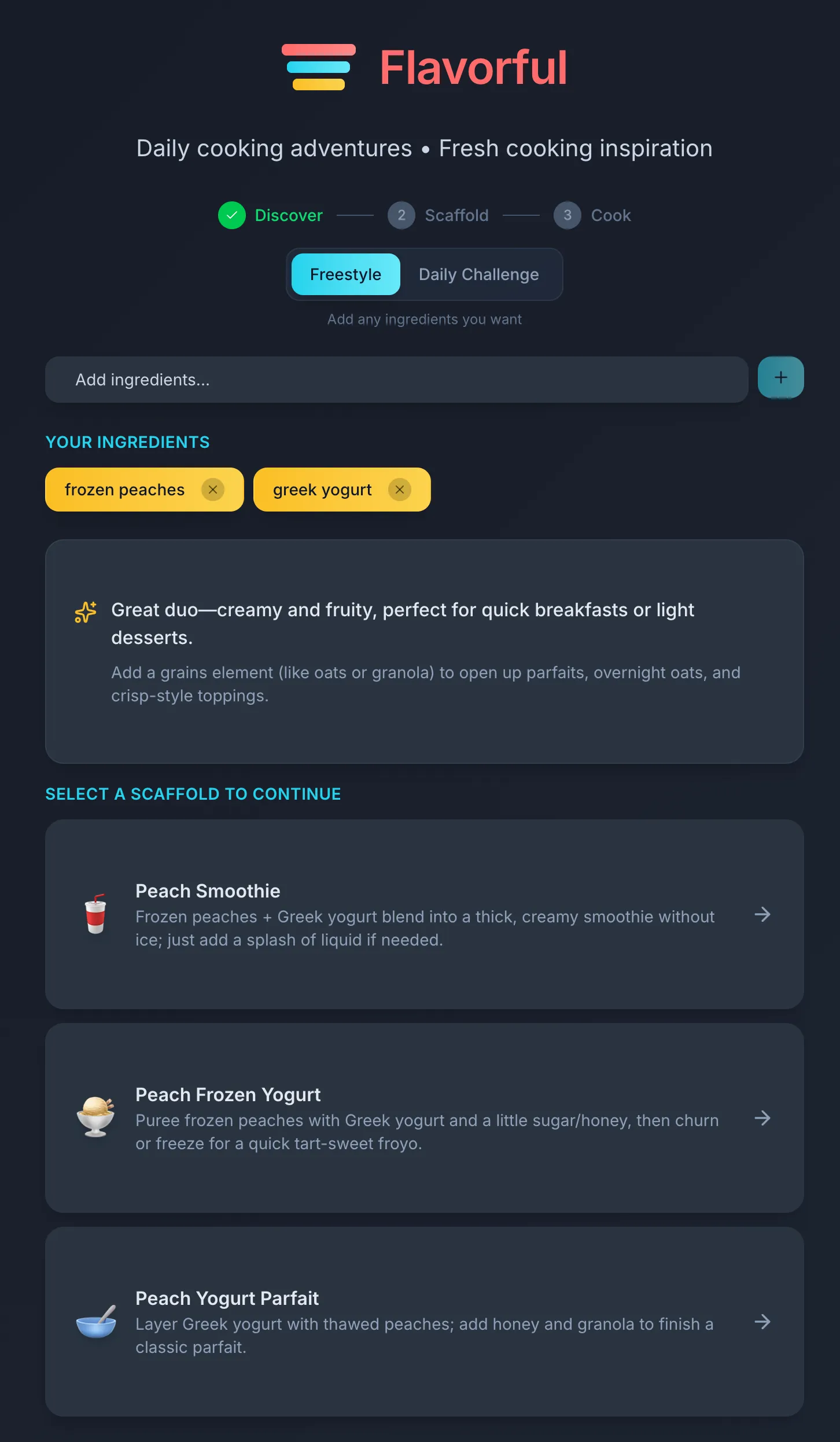 A screenshot of the Flavorful application, showing the progression from entering "frozen peaches" and "greek yogurt" to three suggest recipe scaffolds, "peach smoothie," "peach frozen yogurt," and "peach yogurt parfait."